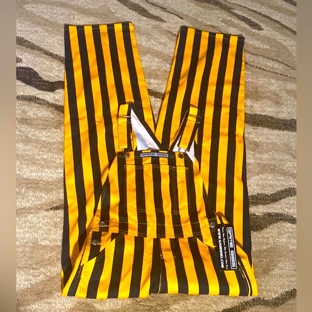 Game Bibs Blue & Maze(Yellow ) Striped Adult Game Day Overalls Size Small NWT